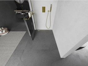 Mexen Kioto+ L, sprchová zástena Walk-In s poličkou a vešiakom 90 x 200 cm, 8mm číre sklo čierny vzor, zlatý lesklý profil,800-090-123-50-77