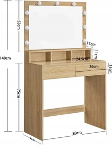 Veľký kozmetický toaletný stolík s LED osvetlením, zrkadlom, zásuvkami, dub Sonoma