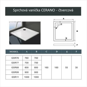 Cerano Piato, štvorcová sprchová vanička z liateho mramoru 76x76x3 cm, biela, CER-CER-GSR76