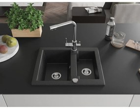 Mexen Carlos, 1,5-komorový granitový drez 582x475x177 mm a drezová batéria Duero, čierna-strieborná metalíza, 6518-73-671600-00