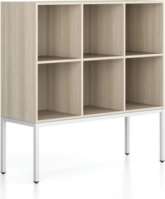 Regál FRAME, nízky, s bielou podnožou, 1299 x 450 x 1331 mm, dub prírodný