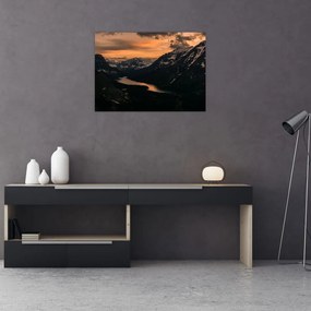 Sklenený obraz jazera medzi horami (70x50 cm)