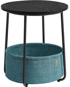 Malý stolík, okrúhly príručný stolík s textilným košíkom, čierna a tyrkysová farba