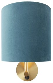 Elegantná nástenná lampa zlatá s modrým zamatovým tienidlom - Matt