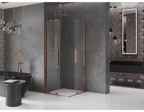 Mexen Velar Duo, sprchový kút s posuvnými dverami 90(dvere) x 90(dvere) cm, 8mm číre sklo, ružové zlato profil, 871-090-090-02-60