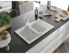 Mexen Gaspar, granitový drez 737x475x177 mm, 1,5-komorový a chrómová batéria Rita, biela, 6507-20-670300-20