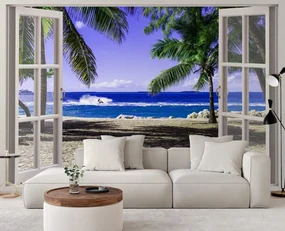 Gario Fototapeta Okno s výhľadom na tropickú pláž Materiál: Vliesová, Rozmery: 210 x 150 cm