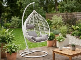 Biele závesné kreslo KOKON so stojanom, svetlý vankúš