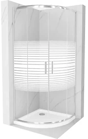 Mexen Rio, štvrťkruhový sprchovací kút s posuvnými dverami 80 x 80 cm, 6mm číre sklo/pásy, chrómový profil + biela sprchová vanička, 863-080-080-01-20-4110