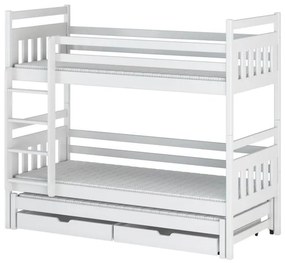 Detská poschodová posteľ z masívu borovice SEVERUS s prístelkou a šuplíky - 200x90 cm - biela