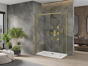 Mexen Omega, sprchovací kút s posuvnými dverami 140 (dvere) x 80 (stena) cm, 8mm číre sklo, zlatý profil + slim sprchová vanička 5cm, 825-140-080-50-00-4010