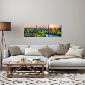 Obraz - Lesná horská krajina (s hodinami) (90x30 cm)