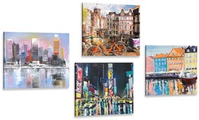 Set obrazov mestá s imitáciou olejomaľby