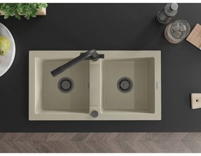 Mexen Mario, 2-komorový granitový drez 820x436x161 mm a čierna drezová batéria Duero, béžová, 6504-69-671600-70