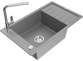 Mexen Elias, 1-komorový granitový drez 795x480x200 mm a drezová batéria Flora, šedá, 6511-71-670401-00