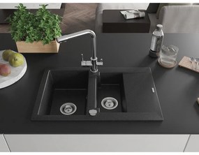 Mexen Gaspar, granitový drez 737x475x177 mm, 1,5-komorový, chrómová batéria Duero, čierna-strieborná metalíza, 6507-73-671600-00