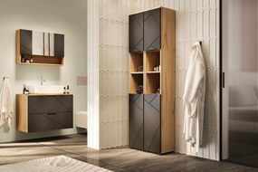 Závěsná koupelnová skříňka se zrcadlem Mazi 58 80 cm dub Wotan/černá