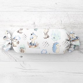 Biante Detský vankúš valec bonbon Sandra SA-478 Lesné zvieratká v čučoriedkach na bielom 15x40 cm