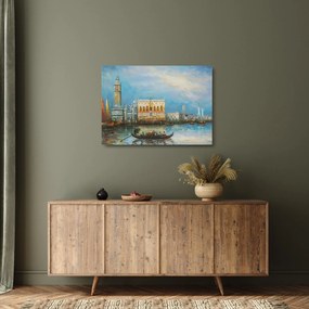 Sklenený obraz - Gondola prechádzajúca Benátkami, olejomaľba (70x50 cm)