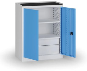 Policová dielenská skriňa 2-dverová, 2 police + 4 zásuvky, 1180 × 950 × 500 mm, modré dvere