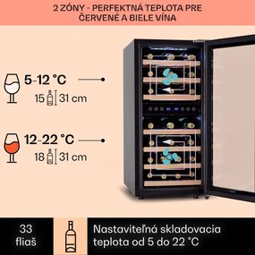 Klarstein Vinamour 33 Duo, vinotéka, 89 l, 33 fliaš, 2 zóny, 5-18°C, dotykové ovládanie