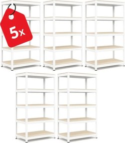 Akcia 5x Regál 180x90x40 cm lakovaný 5-policový, nosnosť 875 kg - biely