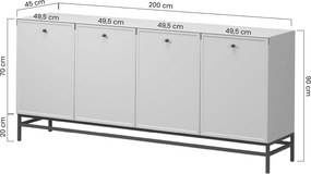 Komoda Lorini 200 cm štvor­dverová - kašmír / čierne úchytky T-bar / kovové nohy