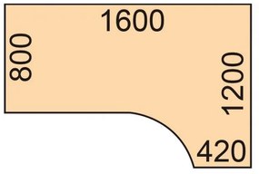 Výškovo nastaviteľný stôl, 2 motory, 745 - 1215 mm, rohový pravý, doska 1600 x 1200 mm, čierna podnož, orech