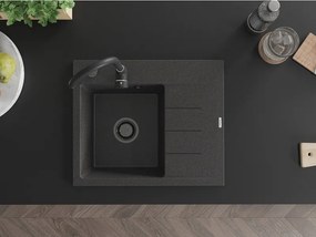 Mexen Ben, 1-komorový granitový drez 600x500x190 mm, ľavý + čierny sifón, čierna škvrnitá, 6522605000-76-B