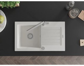 Mexen Pablo, 1-komorový granitový drez 752x436x161 mm a drezová batéria Flora, biela, 6510-20-670401-00