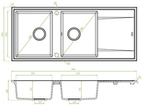 Laveo Megalo, 2-komorový granitový drez 1160x500x185 mm s dlhým odkvapávačom, šedá, LAV-SBE_521T