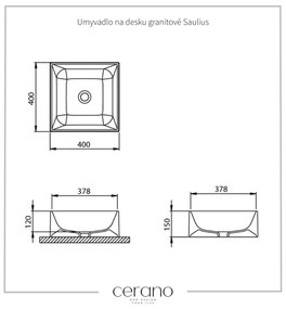 Cerano Saulius, umývadlo na dosku granitové 40x40x15 cm, čierna, CER-CER-395781