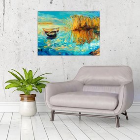 Sklenený obraz - Jazero s loďkami (70x50 cm)