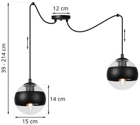 Light Home Závesne svietidlo Toledo Spider, 2x čierne/transparentné sklenené tienidlo, B