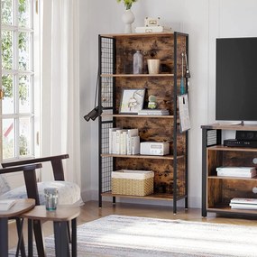 Regál 4-policový, knižnica s háčikmi, rustikálny hnedý