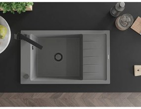 Mexen Elias, granitový drez granitový 795x480x200 mm, 1-komorový, šedá s čiernym sifónom a čierna drezová batéria Rita, 6511-71-670300-70-B