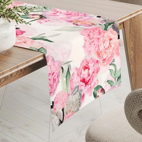 Biante Zamatový behúň na stôl Tamara TMR-037 Ružové pivonky na bielom 35x120 cm
