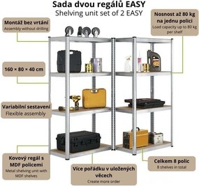 Kovový regál Easy 2 ks 160x80x40 cm, 4 police, nosnosť 640kg