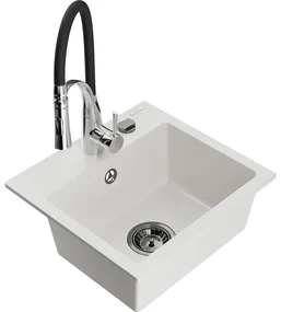 Mexen Milo, 1-komorový granitový drez 435x410x171 mm a drezová batéria Aster, biela, 6505-20-73450-07-B