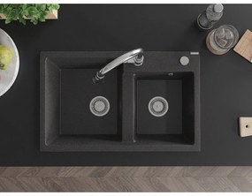 Mexen Tomas, 2-komorový granitový drez 800x500x190 mm a drezová batéria Elia, čierna škvrnitá, 6516-76-670101-00