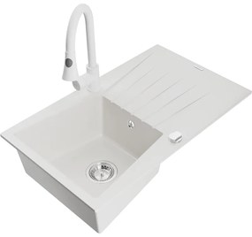 Mexen Cesar, 1-komorový granitový drez 775x470x190 mm a drezová batéria Elia, biela, 6514-20-670101-20