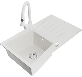 Mexen Cesar, 1-komorový granitový drez 775x470x190 mm a drezová batéria Elia, biela, 6514-20-670101-20