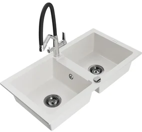Mexen Mario, granitový drez 820x436x161 mm, 2-komorový a drezová batéria Duo, biela, 6504-20-671701-07-B