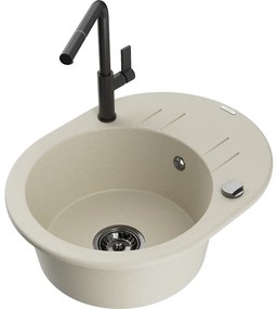Mexen Kevin, 1-komorový granitový drez 586x458x190 mm a drezová batéria Flora, béžová, 6517-69-670401-70-B