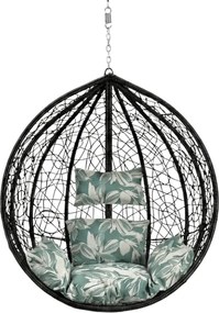 Čierne závesné kreslo KOKON bez stojana, zeleno-biely vankúš