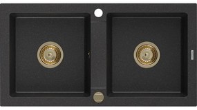 Mexen Mario, granitový drez 820x436x161 mm, 2-komorový, čierna-strieborná metalíza so zlatým sifónom, 6504822000-73-G