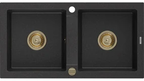 Mexen Mario, granitový drez 820x436x161 mm, 2-komorový, čierna-strieborná metalíza so zlatým sifónom, 6504822000-73-G