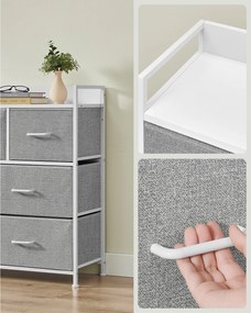 Komoda, 7 látkových zásuviek s rukoväťmi, kovový rám, sivá a biela