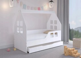 Očarujúca detská posteľ su šuflíkom 140 x 70 cm bielej farby v tvare domčeka