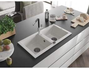 Mexen Mario, 2-komorový granitový drez 820x436x161 mm a drezová batéria Flora, biela, 6504-20-670401-07-B